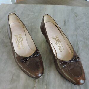 Vintage Salvatore Ferragamo Leather Pumps, Cognac Brown, Almond Toe Size 6